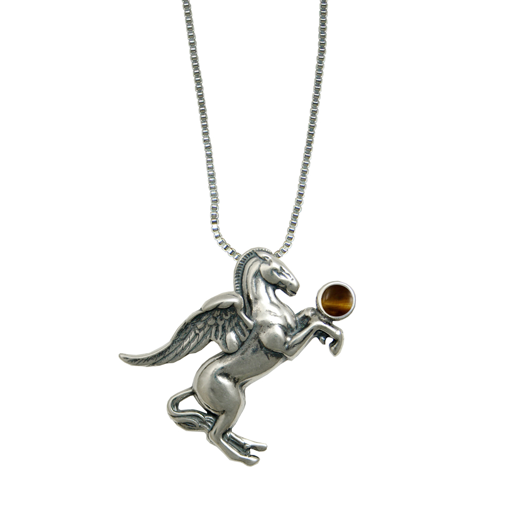 Sterling Silver Greek Winged Horse Pegasus Pendant With Tiger Eye